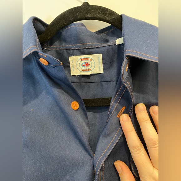 VTG 70s Navy Blue Blouse with Brown Stitching & Buttons - Picture 2 of 7